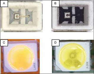 Figure 4. (A and B) Silver-containing lead frame substrates under transparent encapsulation without (A) and with (B) silver sulphide formation at the surfaces. (C and D) Silver-containing lead frame substates under phosphor-containing encapsulation without (C) and with (D) silver sulphide formation.